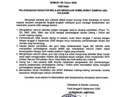 Dampak Abu Vulkanik Anak Krakatau, Gubernur Lampung Instruksikan Sekolah Belajar Daring